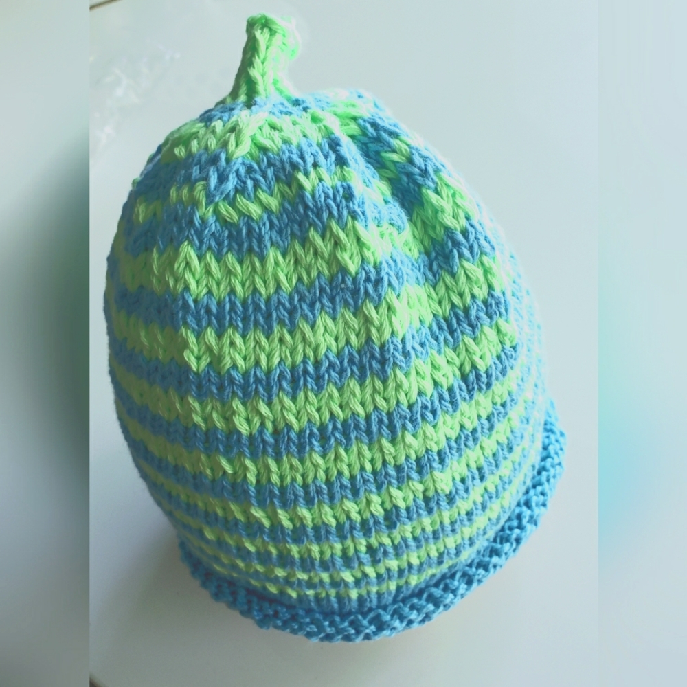 Glow-in-Dark Striped Handknit Cotton Beanie- Neon And Light Blue